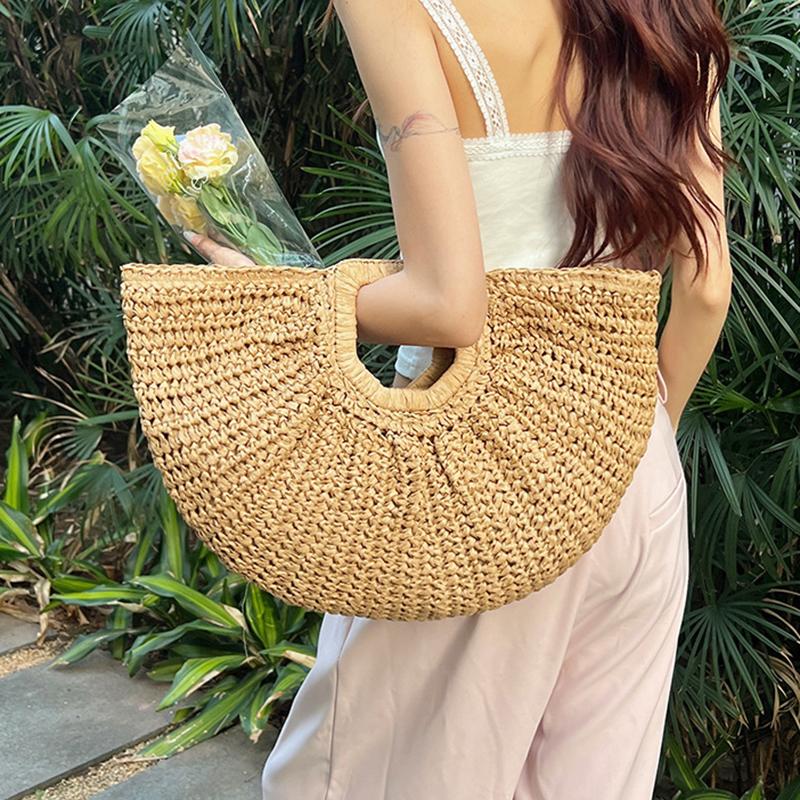 Woven Straw Bag Moon Large Capacity Purse and Handbag For Women Beach Basket Bags Fashion Travel Shoulder Shopper Totes