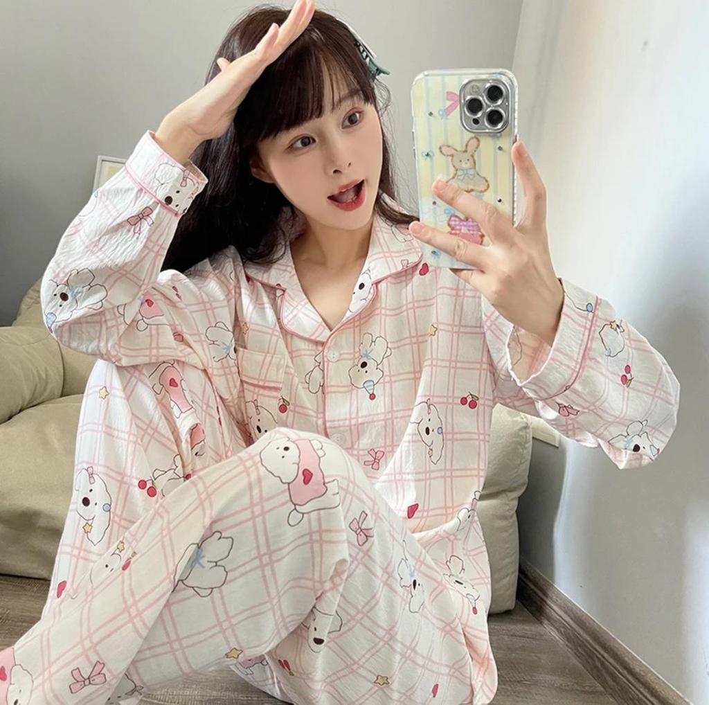 Пижамный комплект из хлопка «Облако» для женщин: Кардиган свободного кроя с длинным рукавом и милыми лацканами в студенческом стиле на весну и осень