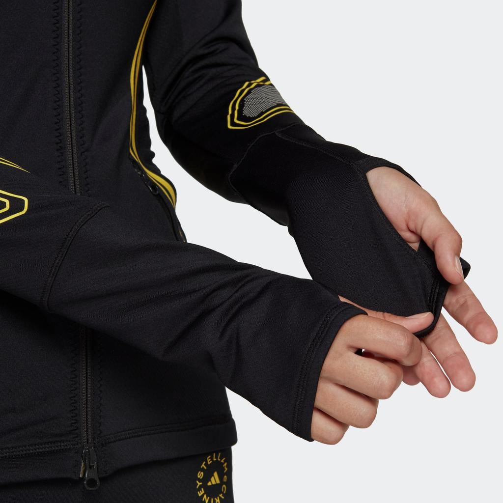 Adidas Стелла Маккартни TP LS CR. Полосатая деталь с логотипом и принтом с капюшоном Женская куртка черная HI6055