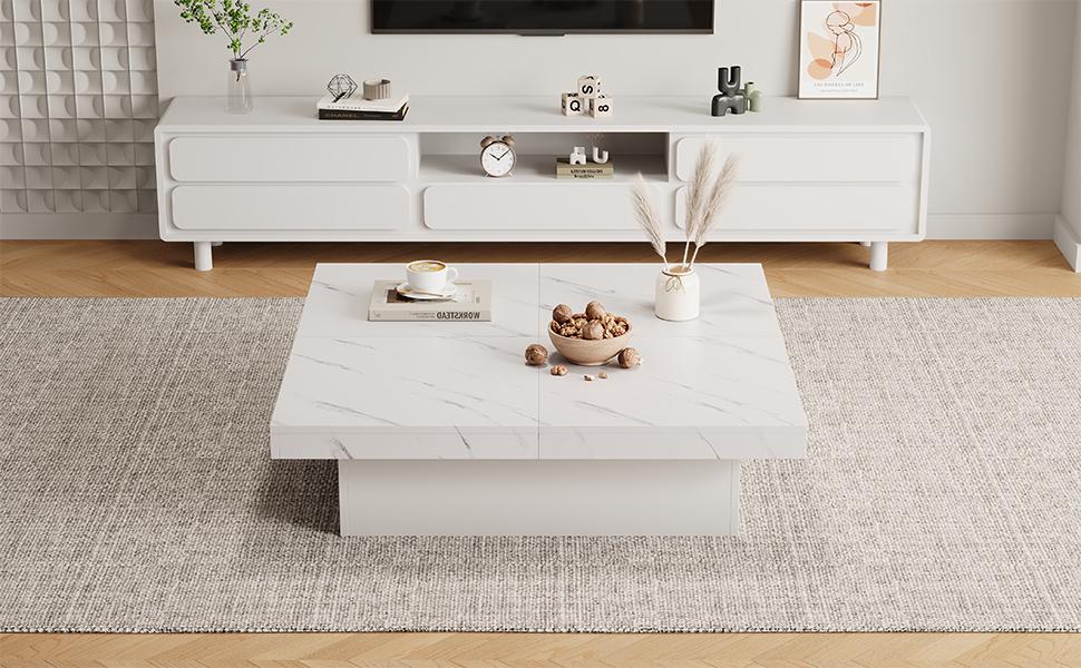 Modern White Square Coffee Table with Marble Look, 90 x 90 x 25 cm – Four Drawers, Sliding Tabletop, Load Capacity up to 30 kg