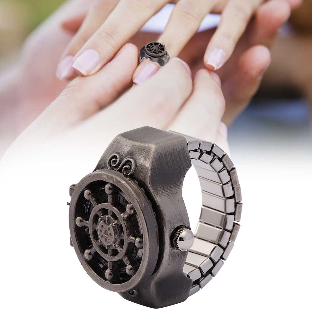 Часы с кольцом на палец, откидная крышка, винтажные полые мужские кварцевые часы с кольцом на палец(черный )