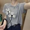Футболка с круглым вырезом и короткими рукавами из ледяного шелка с летним дизайном и объемным цветочным декором, тонкий топ