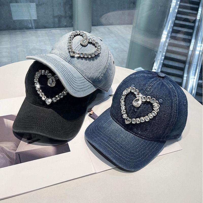 New Washed Denim Baseball Cap Women's Spring and Autumn Korean Version Fashion Love Rhinestone Cap