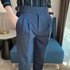 British Style Men High Waist Casual Pant Men Belt Design Slim Trousers Formal Office Social Wedding Party Pants