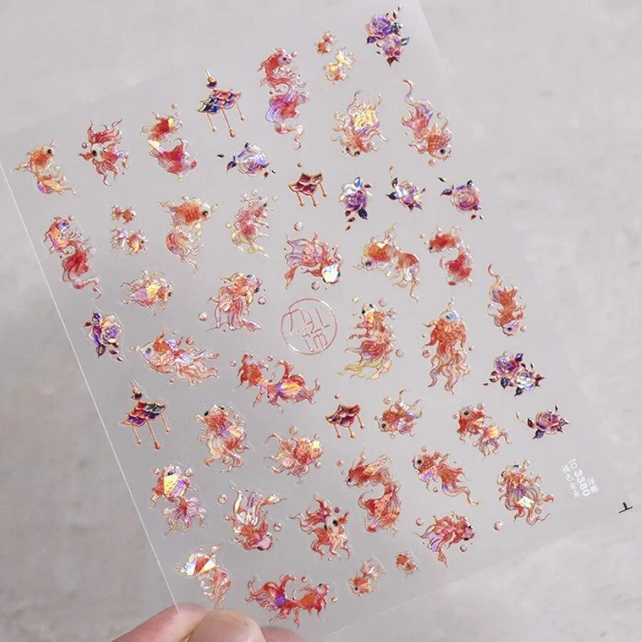1Pcs Embossed Glitter Fish Nail Art Stickers Pink Yellow Red Self-adhesive Transfer Nail Decorations Slider Decals DIY