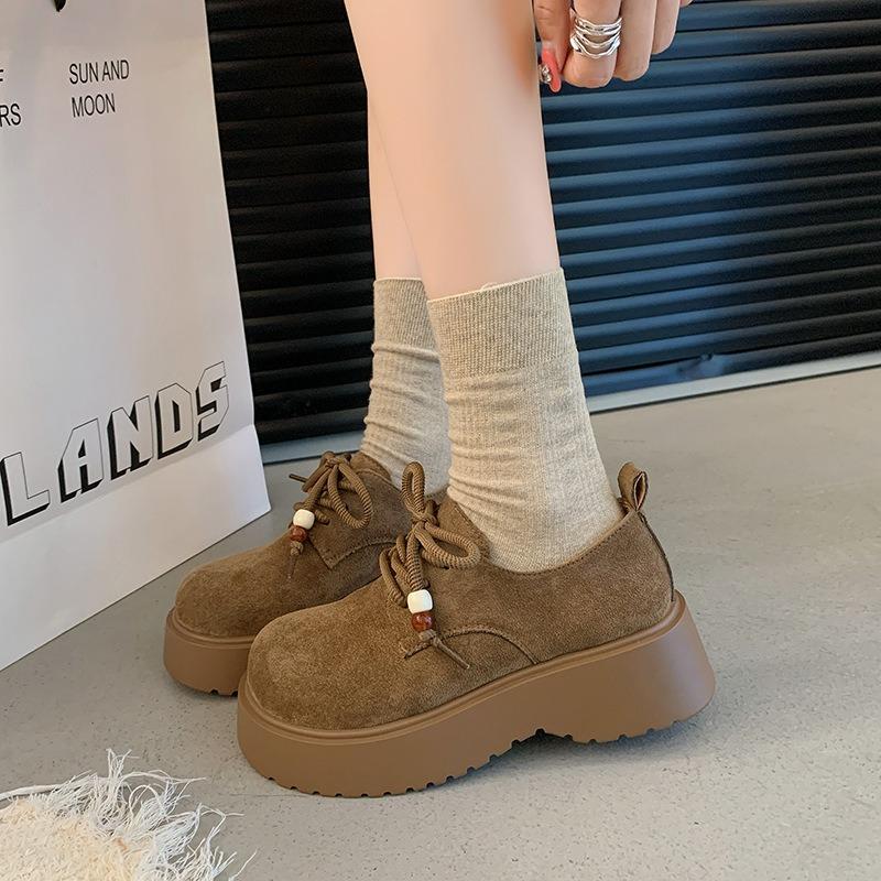 Retro Beaded Women's Autumn New Lace-up Loafers, Thick-soled Heightening Boken Kangaroo Shoes