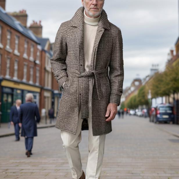 Winter New Men's Medium and Long Woolen Coat Plaid Thickened Padded Trench Coat Men