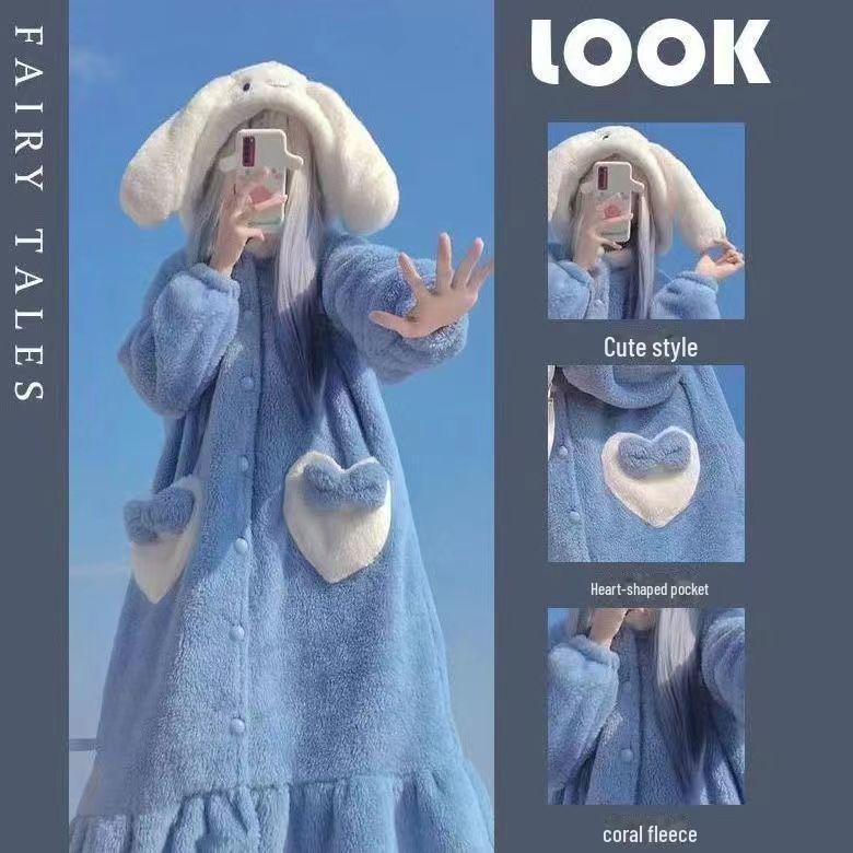 Женский пижамный комплект из кораллового флиса с капюшоном - милая мультяшная ночная рубашка для осени/зимы