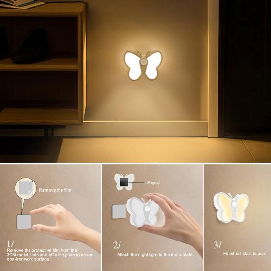 Светодиодный ночник-бабочка с регулируемой яркостью, USB-зарядка, беспроводной датчик движения, ночник