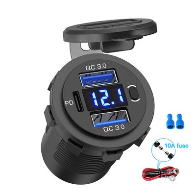 Три порта 12 В/24 В USB зарядное гнездо двойное 18 Вт QC 3.0 и 20 Вт PD USB-C для автомобиля мотоцикла с вольтметром выключатель питания