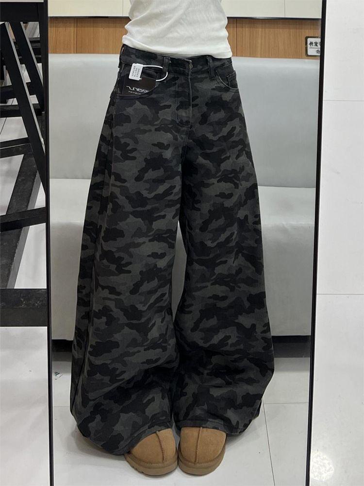 Винтажные Делают Старую Камуфляжную Рабочую Одежду Драпированные Джинсы Модные Удобные Универсальные Женские Нишевые Свободные Брюки Джинсы для Женщин Длинные Джинсовые Брюки