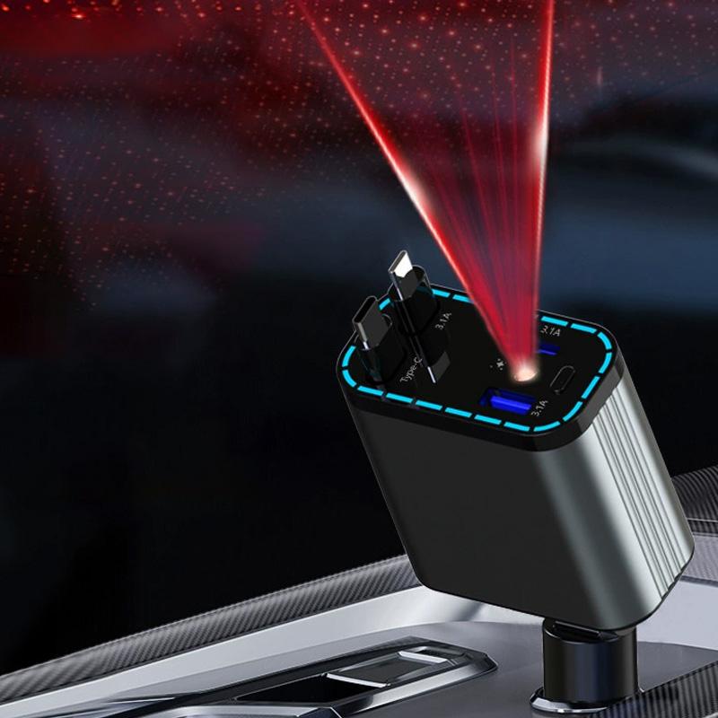 ZRGAE 5 IN 1 Retractable Car Charger 152W Fast Charging Starry Sky LED Lights USB Type-C Power Adapter For iPhone Android