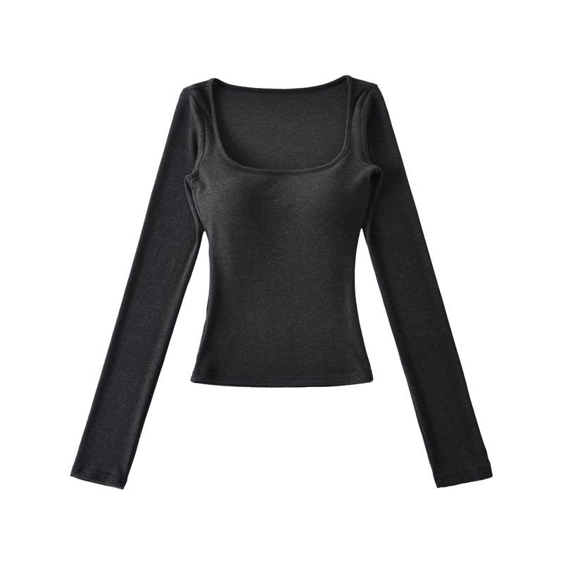Korean Square Neck Slimming Long Sleeve T-Shirt with Chest Pads and Waist-Cinching Design for Women - Spring/Autumn