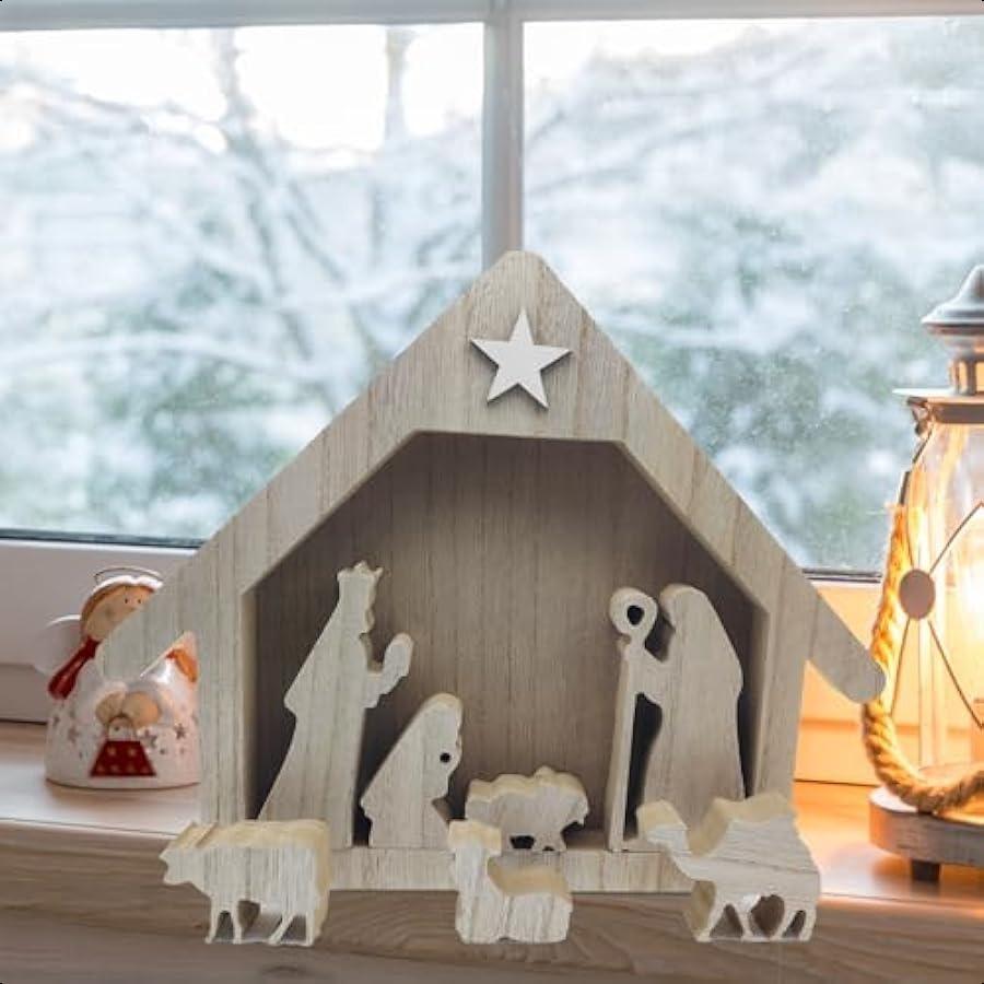 Wooden Nativity Scene Sets of 8 Christmas Indoor Decor Wooden Hand Painted Holy Family Figure Religious for Home Jesus Office D