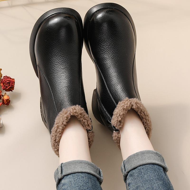 Full Cowhide Velvet Retro Martin Boots Women's Winter Warm Thick-soled Boots Comfortable Soft-soled Mother Shoes Genuine Leather Cotton Boots