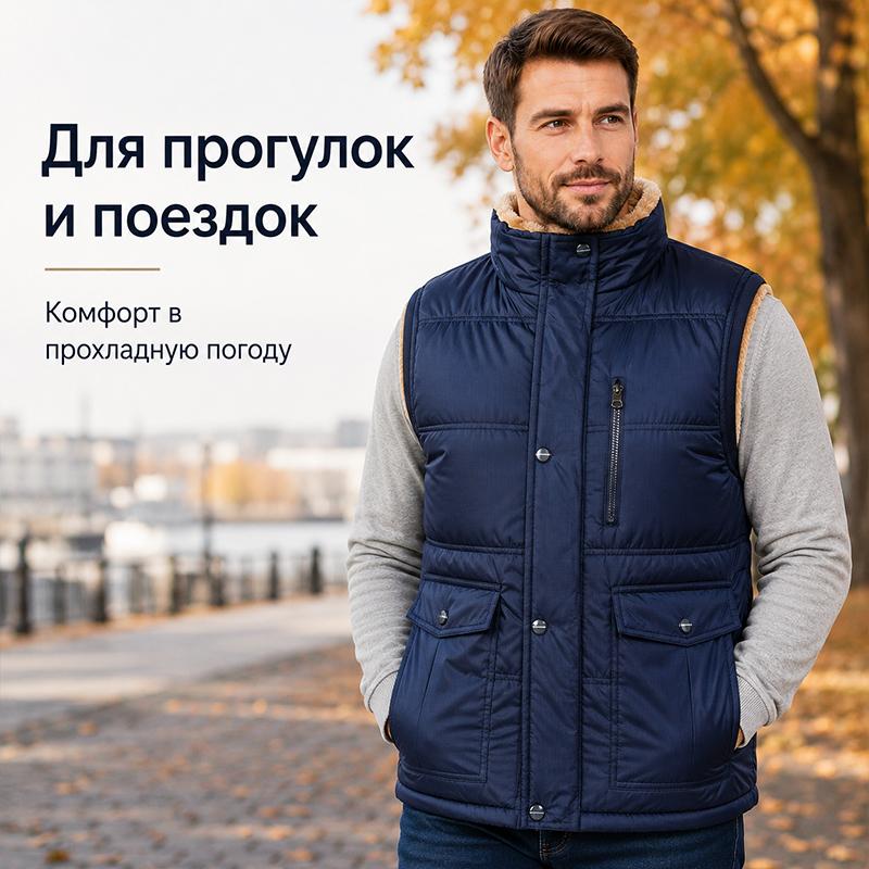 Мужской зимний жилет с воротником-стойкой, на флисовой подкладке, стеганый, без рукавов, с многофункциональными карманами, на молнии и пуговицах, ветрозащитный.