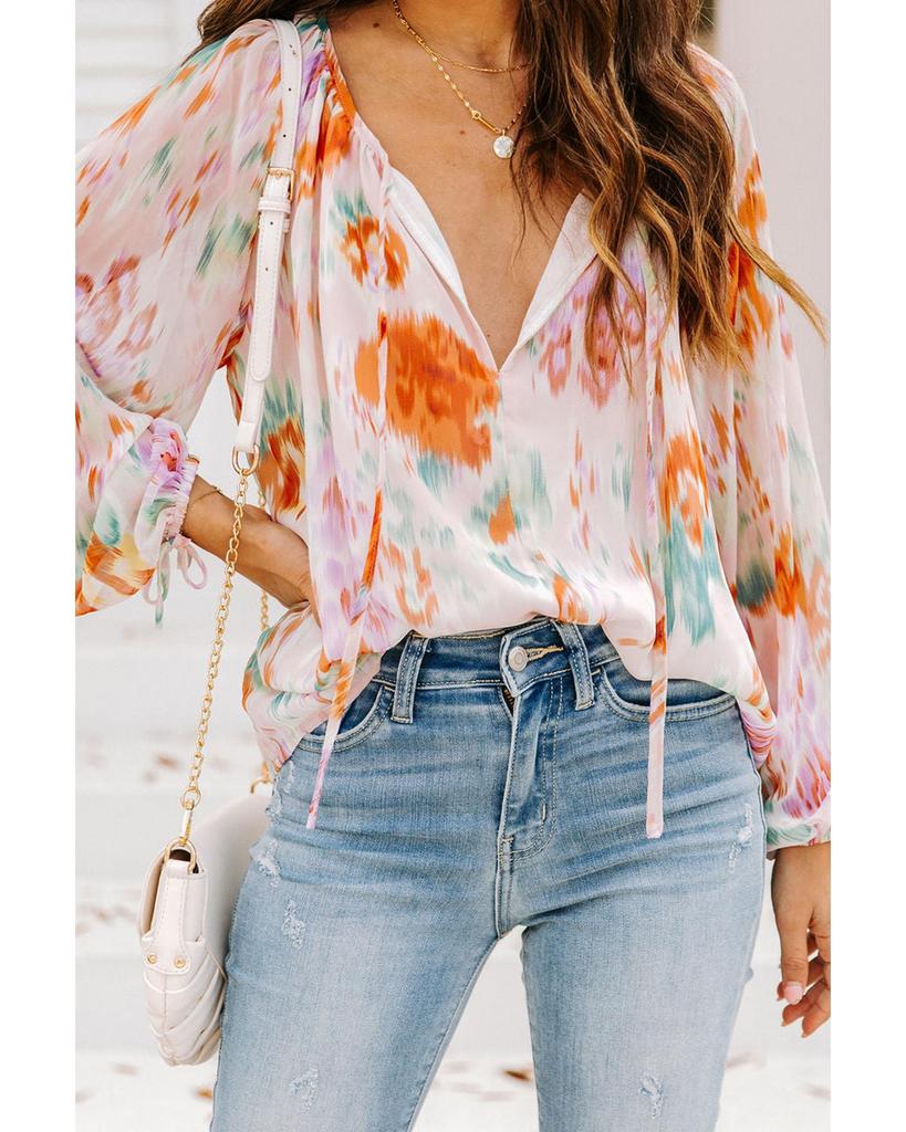 Azura Exchange Abstract Print Split Neck Puff Sleeve Blouse