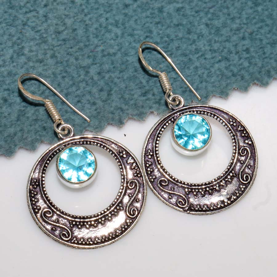 Blue Topaz 925 Silver Plated Earrings 1.6" Elegant Gift Limited Stock Deal u3R70