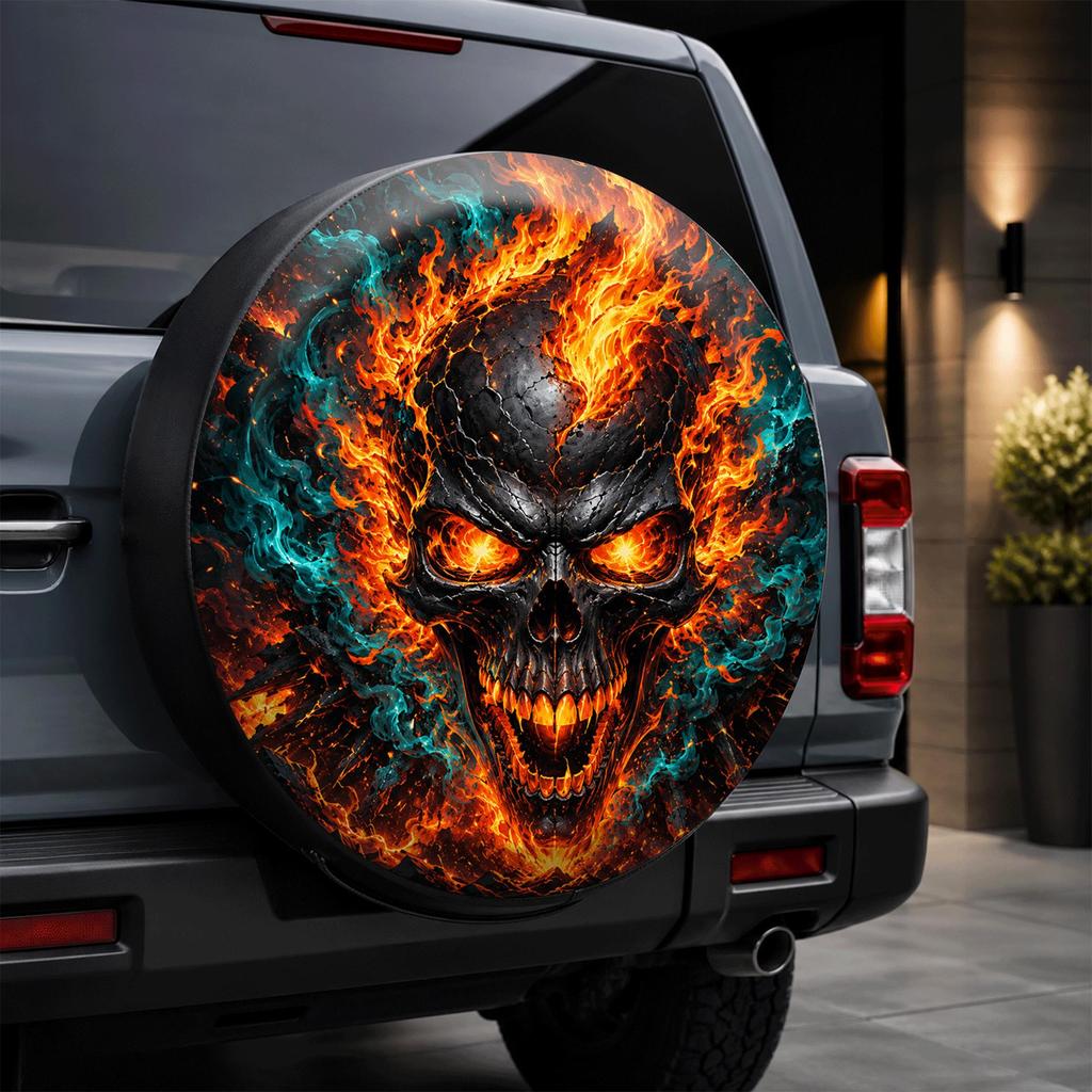 1pc Flame Skull Print Pattern Car Tire Cover, Stylish Universal Wheel Hub Protector, Spare Tire Protector, Features A Cool Flame