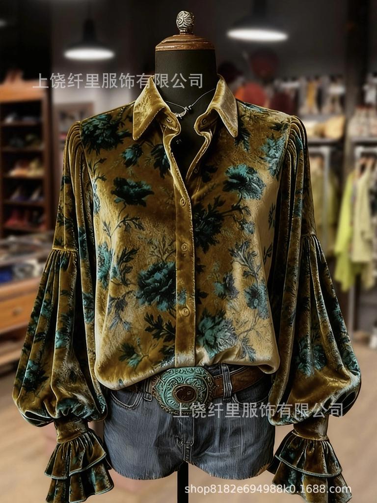 Новая модная креативная женская рубашка с длинным рукавом, бархатным воротником и 3D-принтом