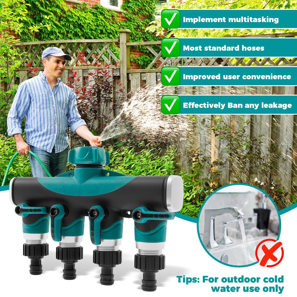 4-ходовой распределитель-тройник из цинкового сплава с отдельным регулирующим клапаном для садовых шлангов, отвод для полива газона