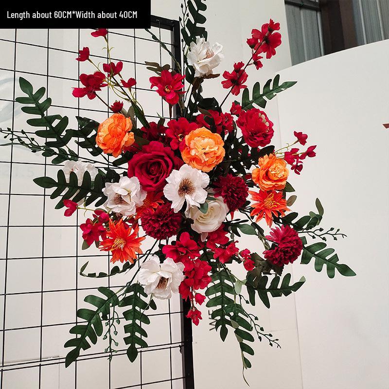 Red Floral Wedding Stage Backdrop with Artificial Flower Rows