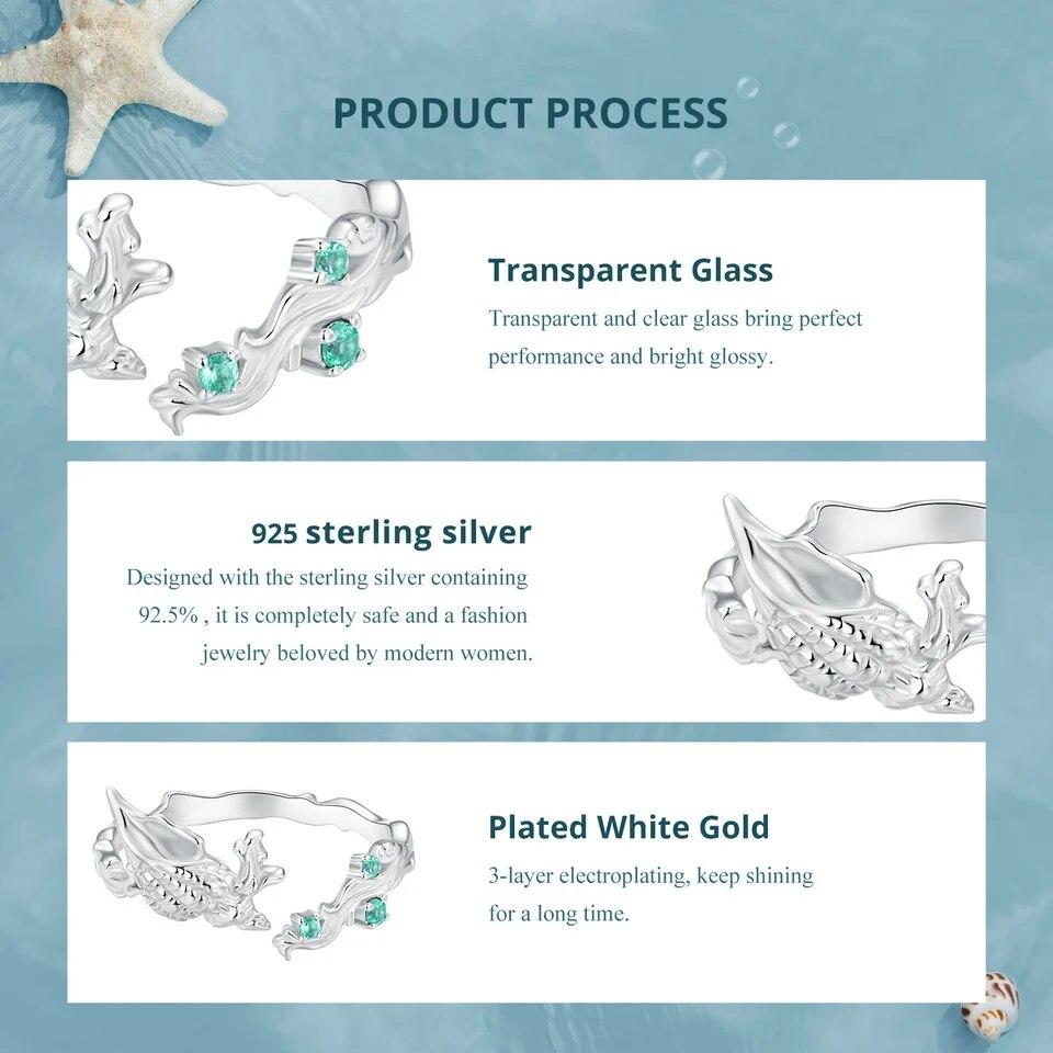 WOSTU Real 925 Sterling Silver Seashell Open Ring For Women Shiny Green Zircon Ocean Party Rings Holiday Gift