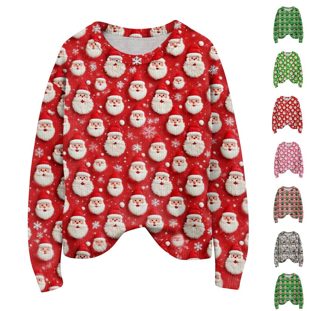 Women's Christmas Print Cardigan Long Sleeve Round Neck Knit Top