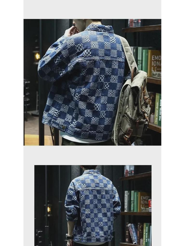 Мужская джинсовая куртка в синюю клетку в стиле ретро — стиль Гонконга, модная, свободного кроя, подходит для весны и осени.
