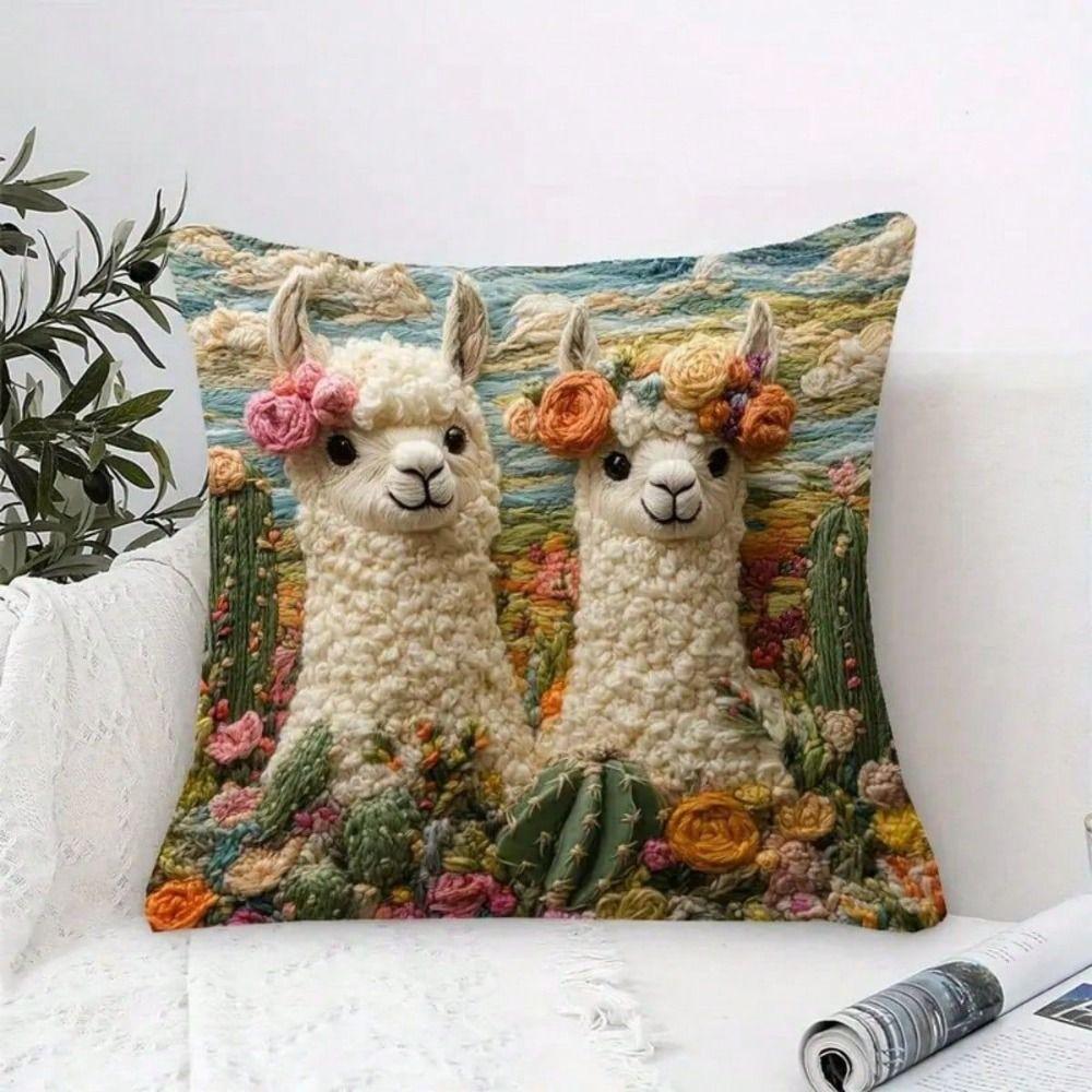Vintage Pillow Case Alpaca Print Decorative Pillowcase Creative Cushion Cover Sofa Decoration