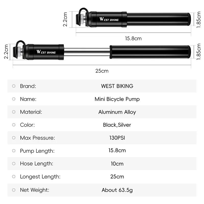 WEST BIKING 130Psi Portable Bicycle Pump With Pressure Gauge Presta Schrader Valve Pump For Ball Road MTB Tire Bike Cycling Pump