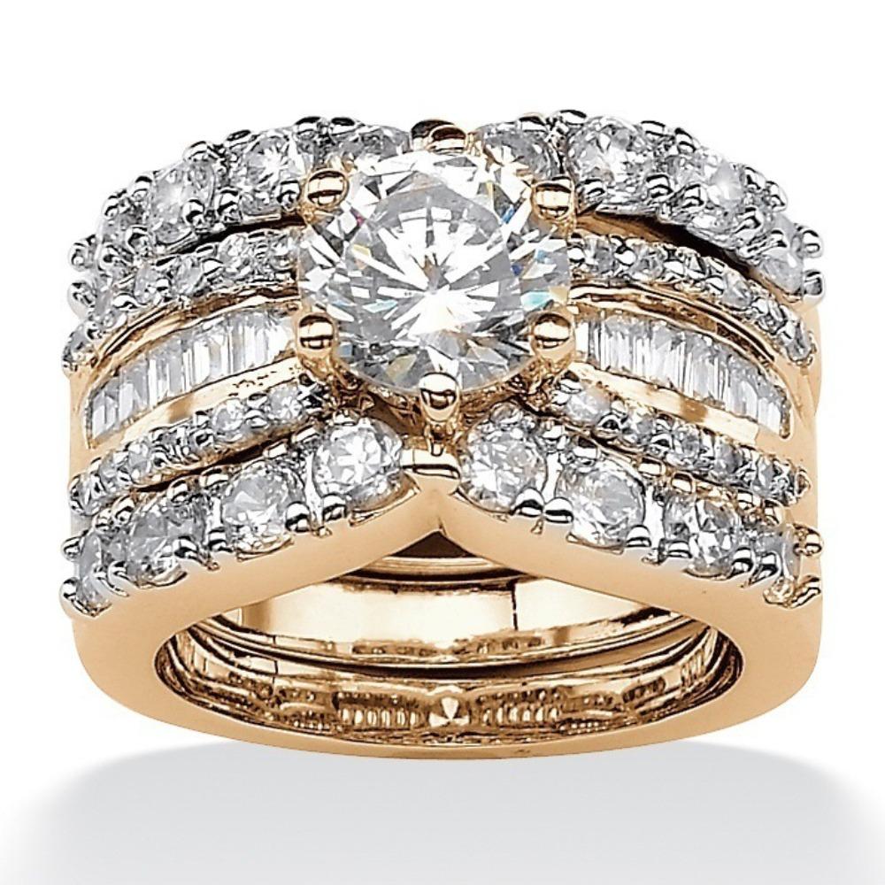 18k Gold Plated Zirconia Three Stackable Rings Women Engagement Wedding Band Set