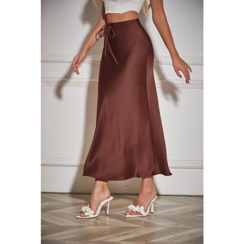 Satin High Waist Drawstring Tie Solid Color Halter Skirt