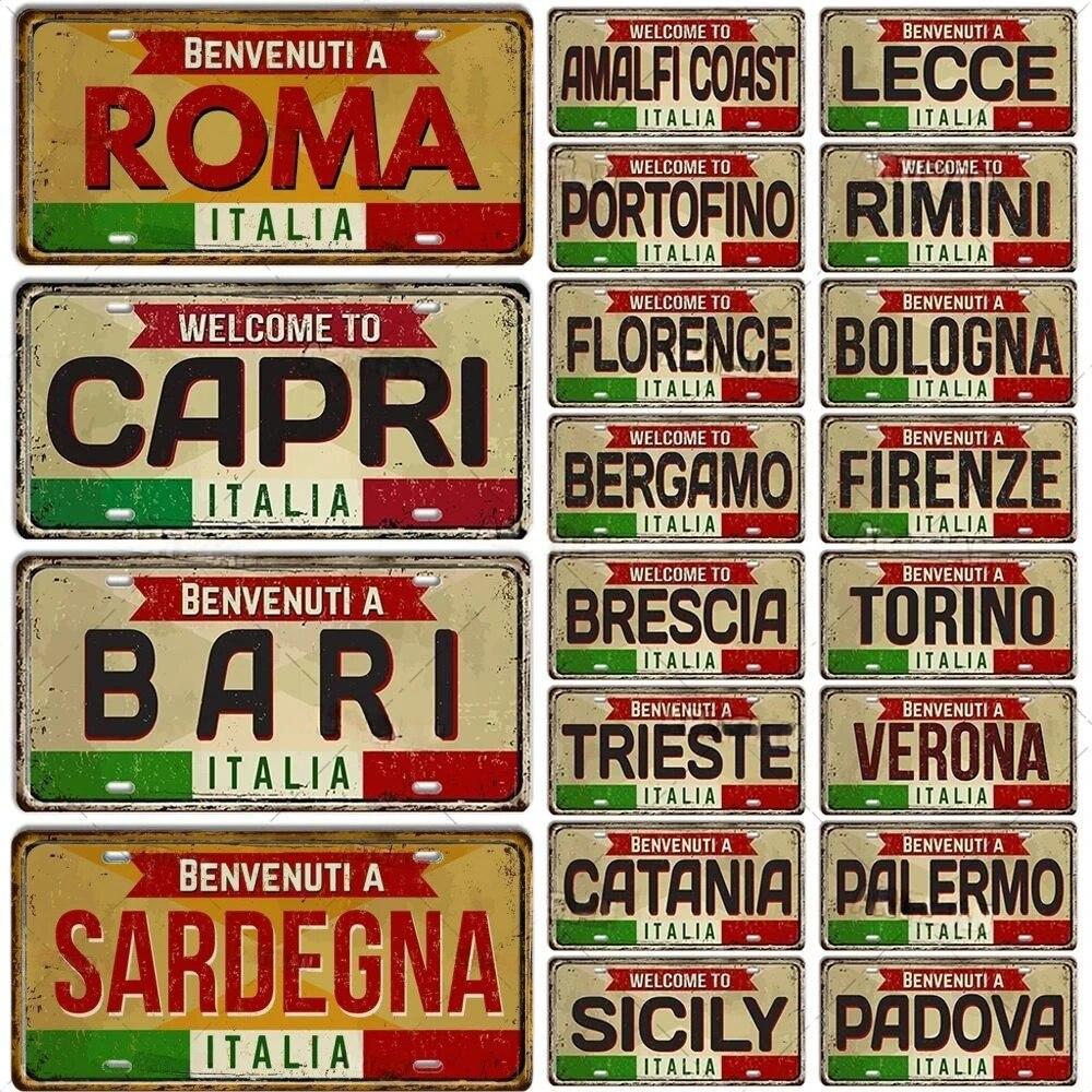 FJ Metal Tin Signs ITALY License Plate City State Tin Plaque Landmark Posters Wall Garage Bar Pub Decors