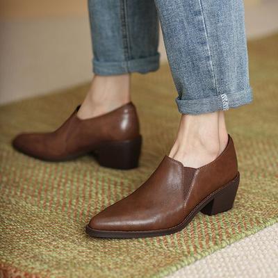 Мода НОВЫЕ Весенне-осенние женские туфли-лодочки с острым носком и толстым каблуком, лаконичные туфли из спилковой кожи для женщин, слипоны, ручная работа, женская обувь