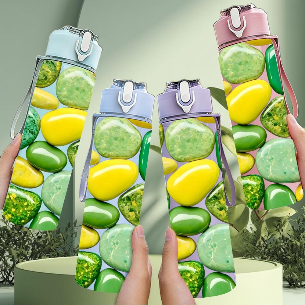 1PC Assorted Gemstone Crystal Pebble Print 750ml Color Plastic Sports Water Bottle Leakproof Flip Straw Lid Suitable for Sports Office Home Use