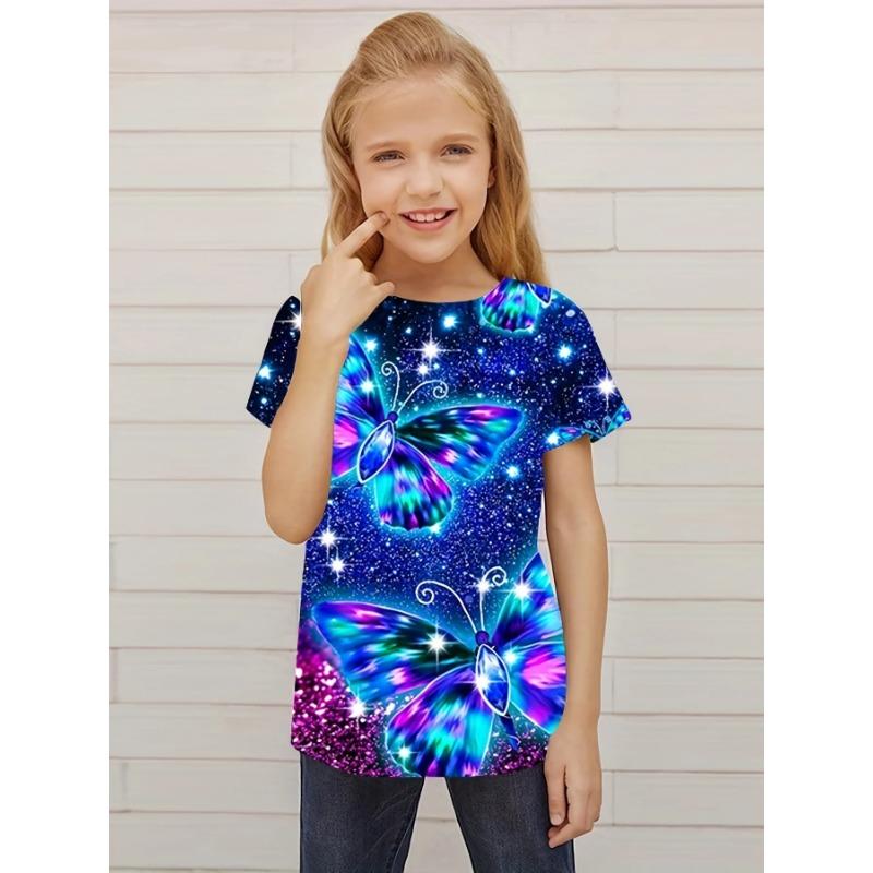 2024 New Purple Butterfly 3D Print T-Shirt For Girl Casual Tops Short Sleeve Tees For Girls Summer Kids T-shirts Chicas Camiseta