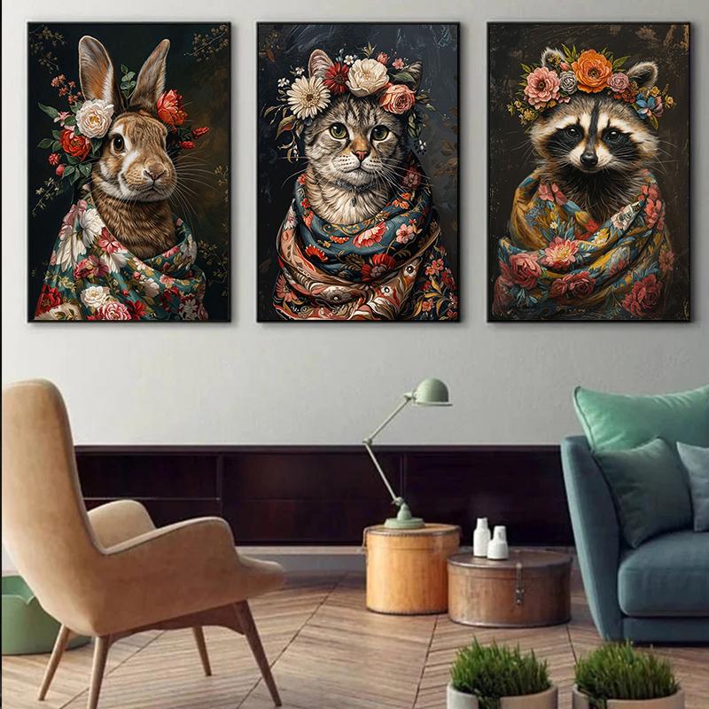 Retro Animals Posters Lion Wolf Rabbit Cat Dog Turtle with Flowers Print Canvas Painting Wall Art Picture Home Room Decor Mural