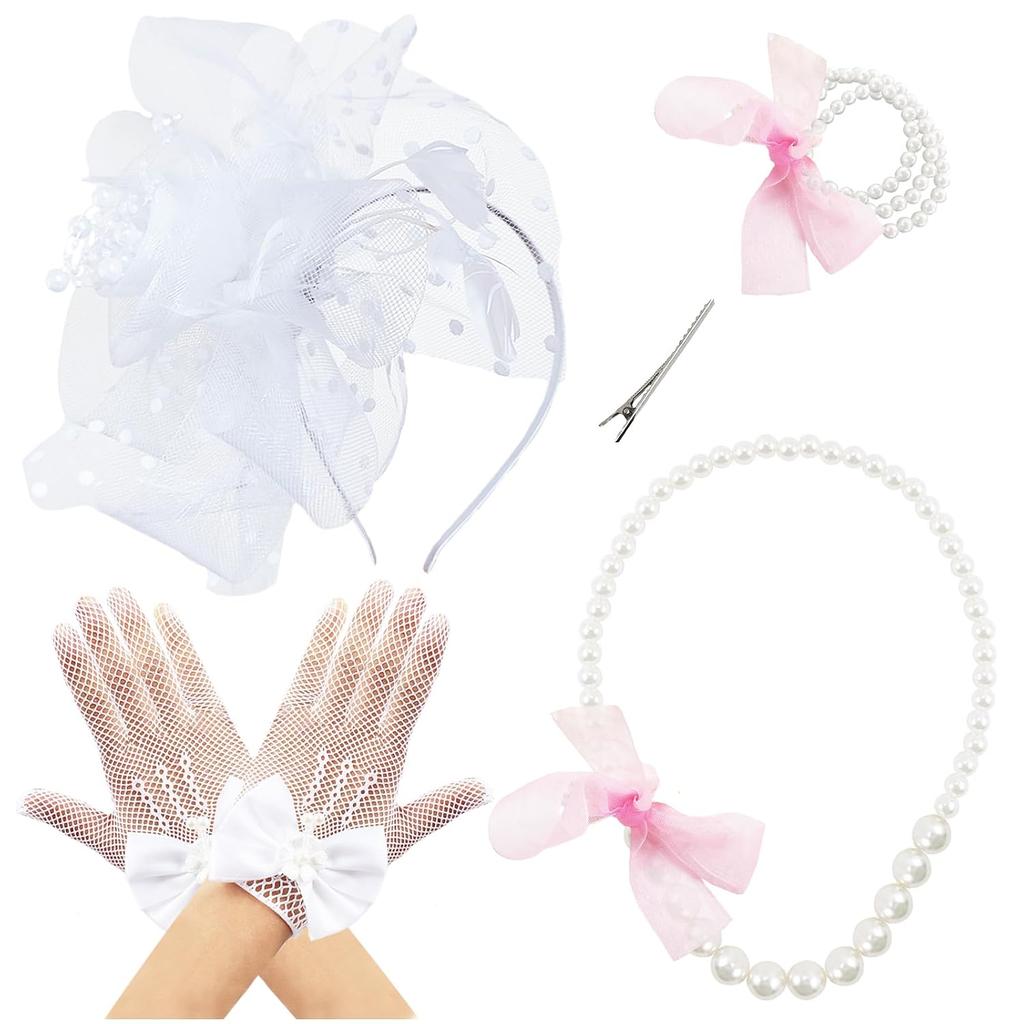 YAXAMING Fascinators Hat Bow Gloves Pearl Necklace Bracelets Flower Mesh Veil Feather Headband Hair Clips 20s Headpiece Headwear Women Halloween