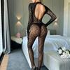 Women Sexy Leopard Hollow Out Mesh Bodystocking Fishnet Lingerie Long Sleeve See Through Bodysuit Jumpsuit Nightwear SIMPLEJEWEL