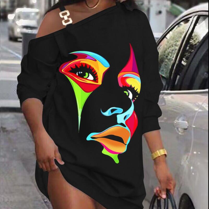 Women's Autumn Printed Metal Buttons Slant Shoulder Neck Button Dresses