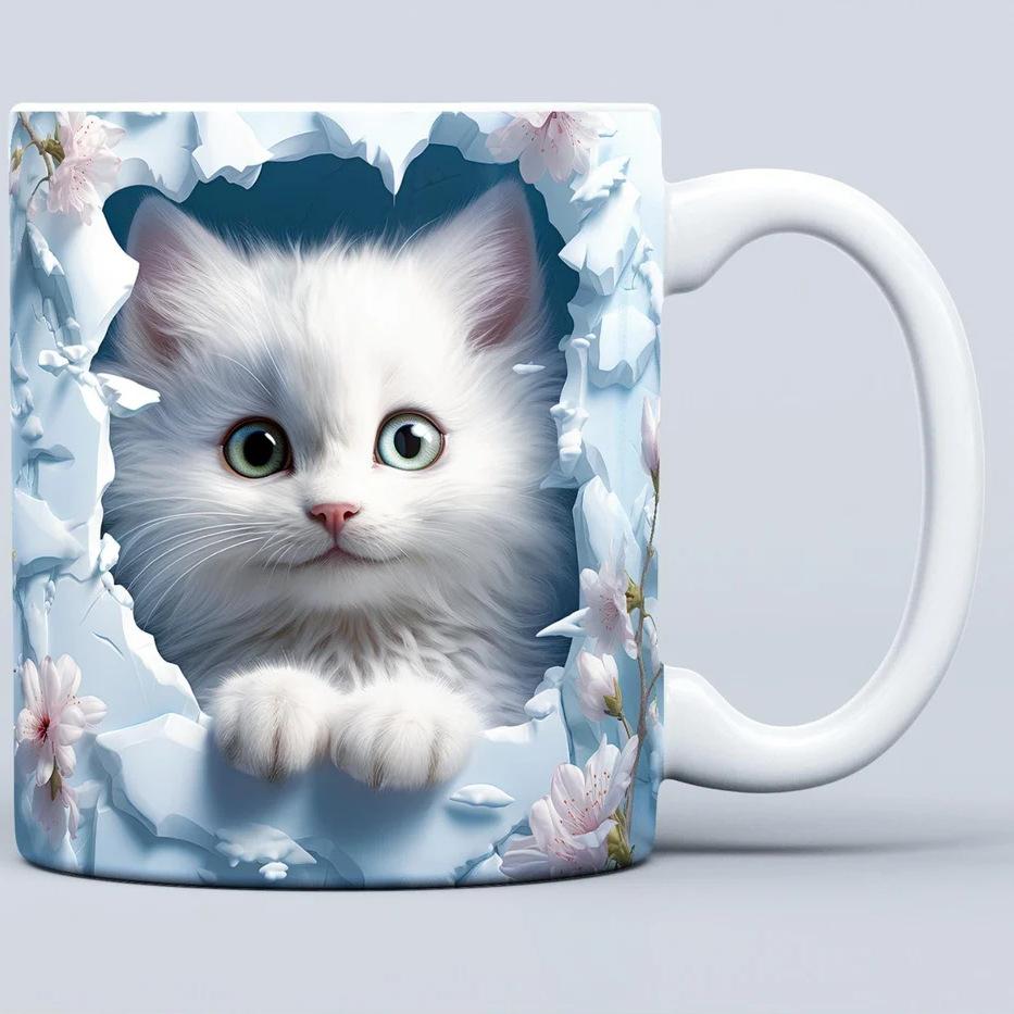 3D Graphic Painting Kitten Cat Cat Snowflake Hole Ceramic Coffee Mark Cup Tea Cup New Hollow