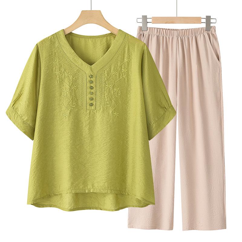 Women's Tencel Linen Embroidered Short-Sleeve T-Shirt & Pants Two-Piece Set - Summer 2025 Collection for Middle-Aged Moms