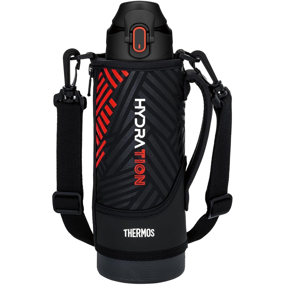 THERMOS Vacuum Insulated Sports Bottle 1L Black Orange with Pouch and Shoulder Strap