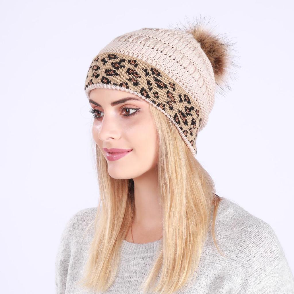 Осенне-зимняя женская утепленная вязаная шерстяная шапка с леопардовым ворсом