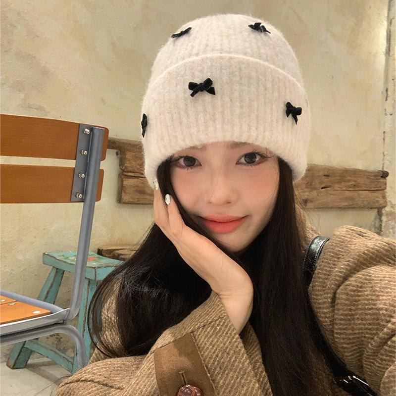 Милая и милая вязаная шерстяная шапка с бантом, детская осенне-зимняя универсальная маленькая утолщенная теплая холодная шапка