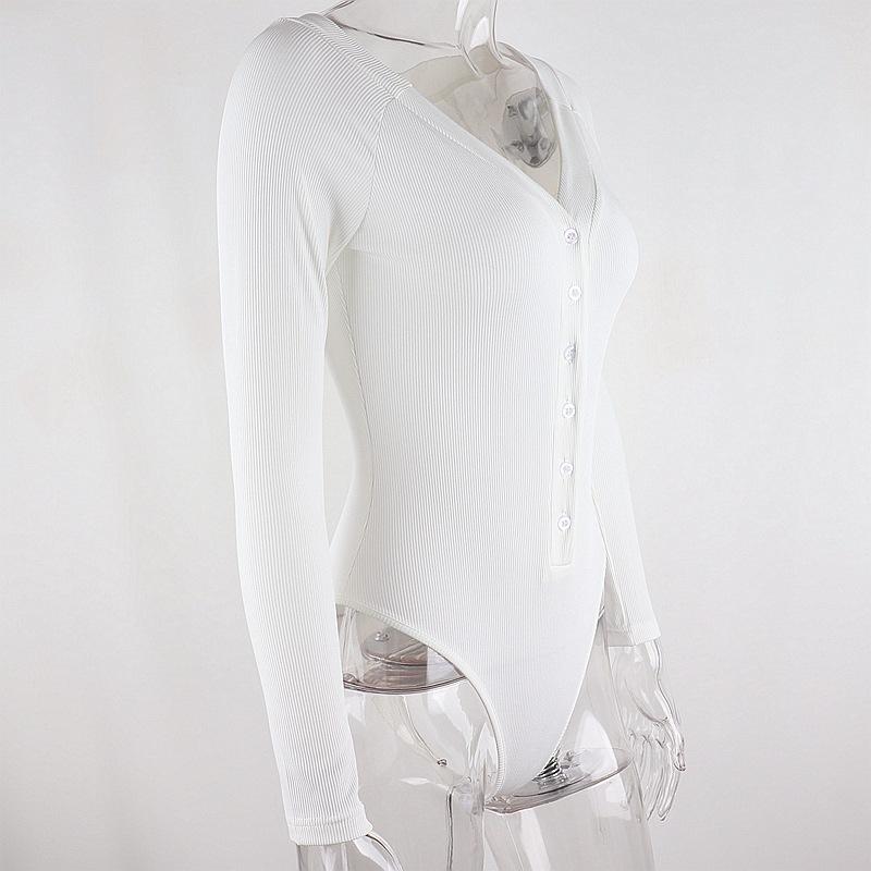 European and American Long Sleeved Buttoned Inner V-neck Sexy Slim Fit Jumpsuit