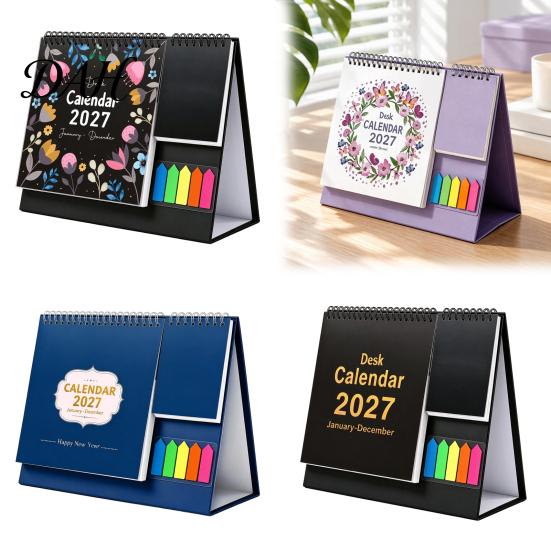 Monthly Schedule Organizer Desk Calendar 2027, Standing Flip Desktop with Sticker Portable Coil Bound Planner Notepad, Twin-Wire Binding 12