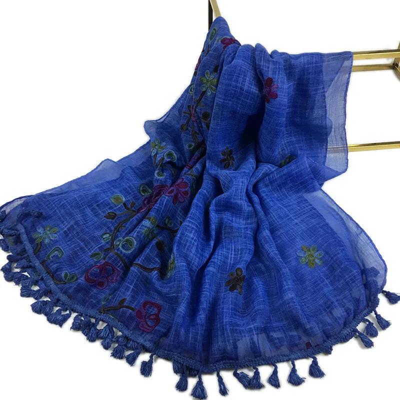 Embroidered Tassel Cotton Hijab for Muslim Women Scarf Floral Shawl Tassel Scarves Woman Large Hijabs Tie-dye Vintage Headscarf
