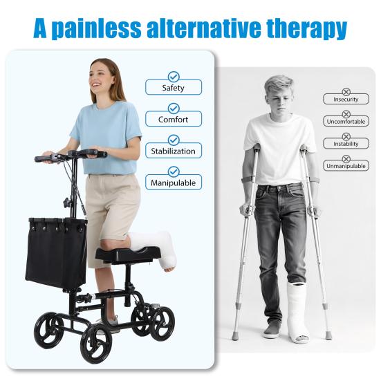 Steerable Leg Scooter Knee with Rear Wheel Brake Locking Handbrake, Crutches Alternative Adults Walker All-Terrains Canvas Bag, Adjustable for Broken